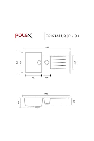 Polex Cristalüx Granit Evye P-01 Beyaz 1.5 Gözlü Tezgah Altı Ve Tezgah Üstü Mutfak Evyesi 99x49.5 CM