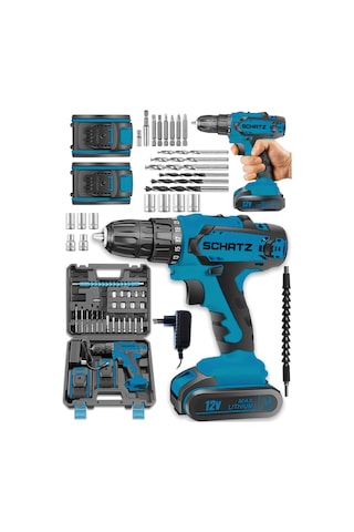 Schatz Pro 12v 1.5 Ah Darbeli Çelik Şanzıman Çift Akülü Bakır Sargılı Şarjlı Vidalama Matkap 24 Parça Mavi -