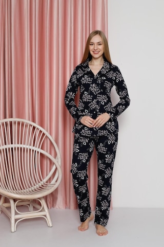 Ahengim Kadın Pijama Takımı Süprem Uzun Kollu Boydan Düğmeli Diamond Yazılı Pamuklu Mevsimlik W20622305 Lacivert