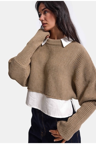 Kadın Bej W6-57 Oversize Tek Parça Gömlek Yaka Detaylı Tasarım Triko Kazak