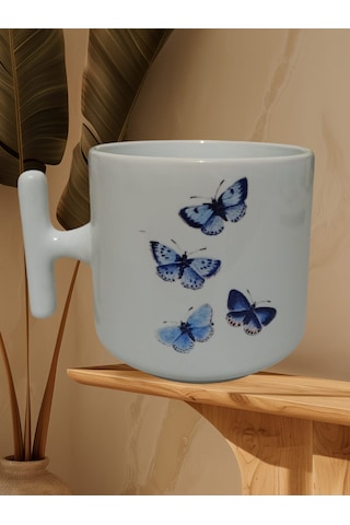 Mavi Şans Kelebekleri Çift Taraf Baskılı T Kupa Bardak Beyaz T