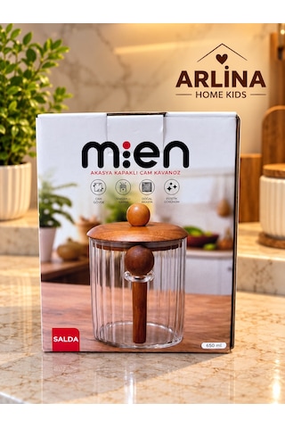 650 Ml Akasya Kapaklı Kaşıklı Cam Kavanoz Şeffat Cam - Akasya Ahşap Kapak