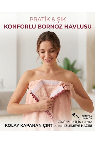 Belinis Ponpon Detaylı %100 Pamuklu Kadın Banyo Ve Plaj Havlusu Bej Ayalana Bilir Beden S M L Xl