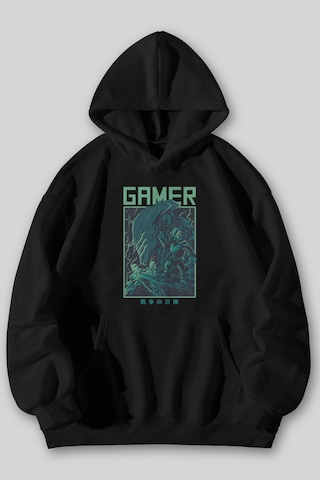 Harmandar Gamer Baskılı Unisex Siyah Gri Kanguru Cepli Kapüşonlu Sweatshirt Hoodie Siyah