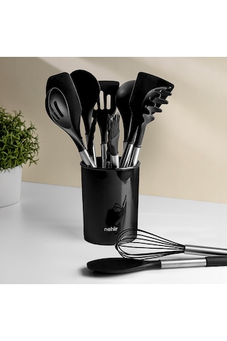 Nehir Raven Siyah Paslanmaz Çelik Silikon 12 Parça Servis Takımı