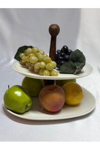 Aless 2 Katlı Asimetrik Tasarım Ahşap Kulplu Sunumluk Meyvelik Çe