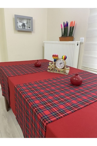 Kırmızı Renk Masa Örtüsü Yılbaşı Ekose Runner Seti