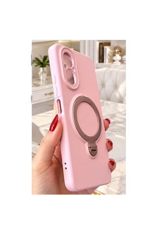 Realme C67 İle Uyumlu 360 Derece Dönebilen Kalın Metal Magsafe Halka Stantlı İçi Kadife Korumalı Ultra Lüx Premium Silikon Kılıf Pembe