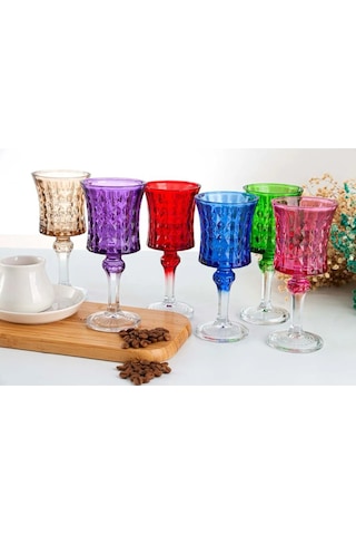 Plt Design El İşi 6'lı Rengarenk Su-Kahve Yanı Bardağı Kristal Ayaklı Su Bardağı