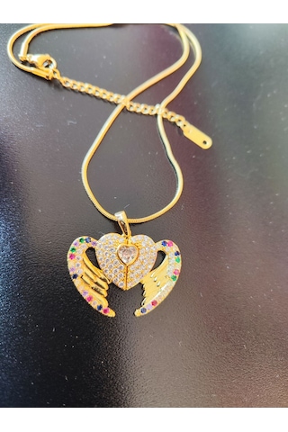 Çelik Kolye Kişiye Özel İsim Yazılı Kalpli Melek Kanadı Altın