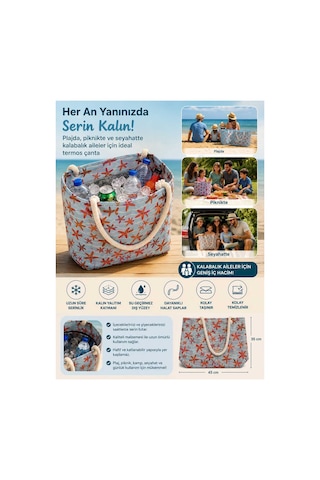 Famıly Towel Büyük Hacimli Termos Çanta Piknik, Plaj Ve Seyahat İçin Uzun Süre Soğuk-sıcak Koruma 45cm X 35 Cm 40 Litre, Su Geçirmez Oxford Kumaş Açık Okyanus Mavisi Deniz Yıldızı Retro