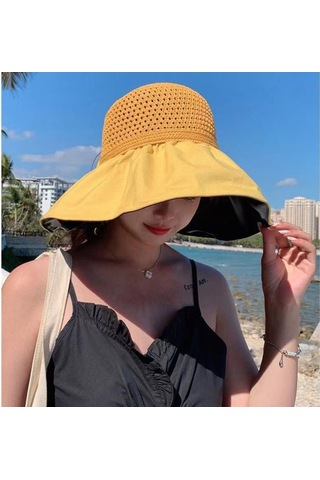 Bayanlar İçin Şık Siyah Tutkallı Boş Üst Güneşlikli Geniş Kenarlı Yüz Koruyucu Şapka Bej