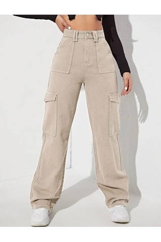 2090 Kadın Likrasız Kargo Cepli Bol Paça Jeans Kot Denim Pantolon Bej