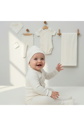 Milays 0-3 Ay Bebeklere %100 Pamuk Çıtçıtlı Body Li Havlulu 7 Parçalı Zıbın Takımı ekru