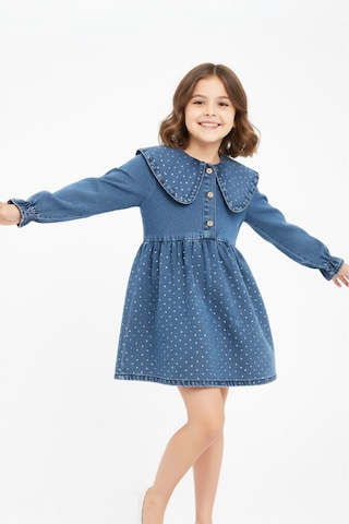 Kız Çocuk Taş Süslemeli Ve 3 Düğme Kapatmalı Jean Elbise 12444 İndigo