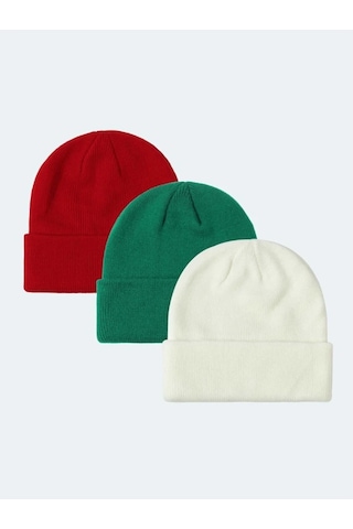 Eke Tekstil Katlamalı Unisex Bere Seti 3'lü - Beyaz - Kırmızı - Yeşil