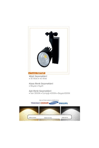 Ledli Ray Spot Siyah Kasa 40 Watt Sıcak Beyaz 4000 K