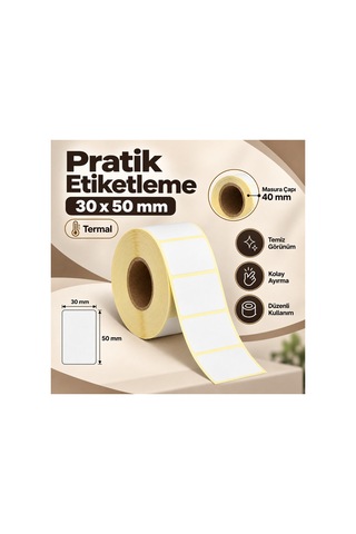 30x50 Rulo Ribonsuz Termal Barkod Etiketi 40 Mm Masura 1000 Sarım 50