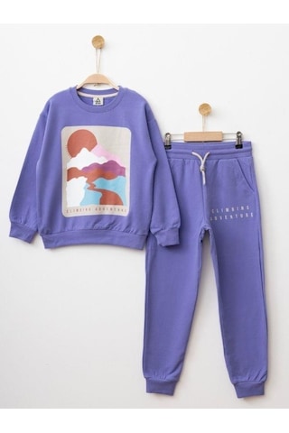 Kız Çocuk Manzara Baskılı Eşofman Takım-14235 Mor