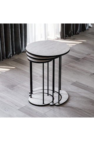 Alpa Ev Mobilya Ay 3 Lü Yuvarlak Zigon Sehpa Seti, Modern Metal Ayaklı C Model Şık Yan Sehpa Traverten