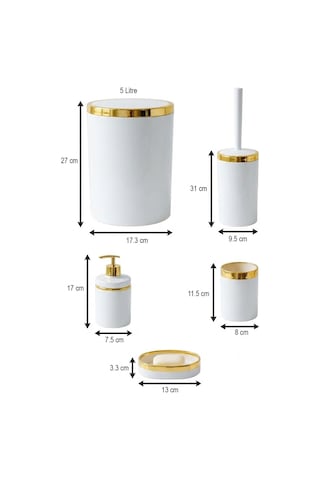 Makri Home 5 Parça Akrilik Banyo Seti, Şık Ve Kaliteli Akrilik, Altın Renk Detaylı, Beyaz Beyaz