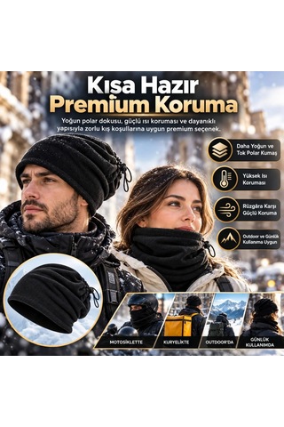 Cojans Unisex Premium Polar Bere Boyunluk 2 Adet Set 2'si 1 Arada Sıcak Tutan Rüzgar Korumalı Outdoor Siyah Çok Renkli