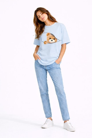 Fermuarlı Ayıcık Baskılı Kadın Tişört Oversize Sevimli Teddy Bear Mavi