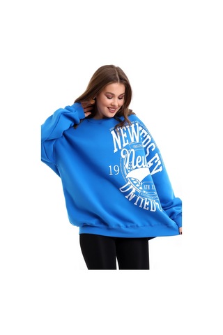 Winmoda34 Oversize Bisiklet Yaka 3 Iplik Şardonlu Kadın Sweatshirt New Jersey Mavi