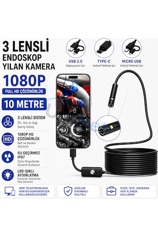 Uninet Türkiyede Ilk 10 Metre 3 Kameralı Android Ve Bilgisayar Uyumlu Endoskop Yılan Kamera 1080p Full Hd