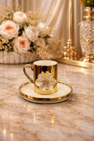 2 Kişilik Porselen Gold Platin Kaplama Lotus Çiçekli Kahve Fincan Takımı Seti 100ml Altın