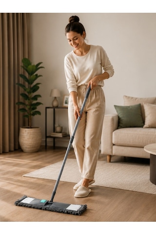Mikrofiber Paspas Makarna Mop Seti Saplı Toz Ve Islak Zemin Temizleme Aparatı Vıchy-7028 50 Cm