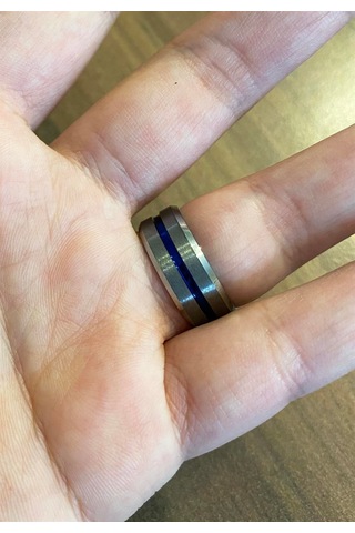 Erkek Mavi Çizgi Detay Gümüş Renk Tungsten Yüzük Silver