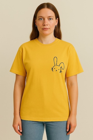 Kadın Tavşan Baskılı Oversize Sarı T-shirt Sarı