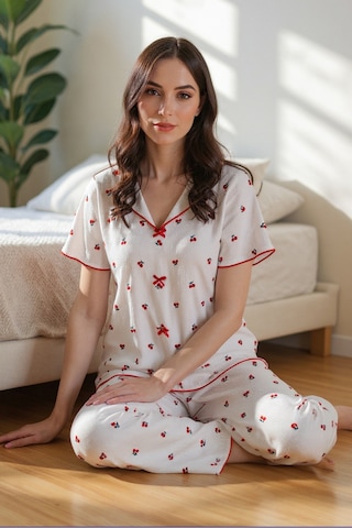 Bella Notte Pamuklu Kiraz Desenli V Yaka Pijama Takımı Kırmızı