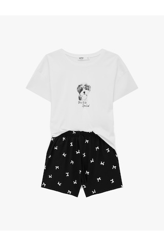 Koton Pamuklu Baskılı Kısa Kollu Tişört Ve Şortlu Pijama Takımı Beyaz 6slk40132mk