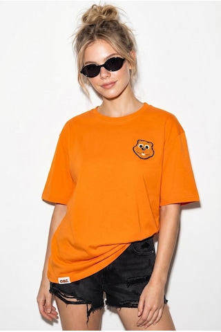 Shade Kadın Cotton Nakışlı Teddy Detaylı Bisiklet Yaka T-shirt 60382610 - Turuncu 2XL