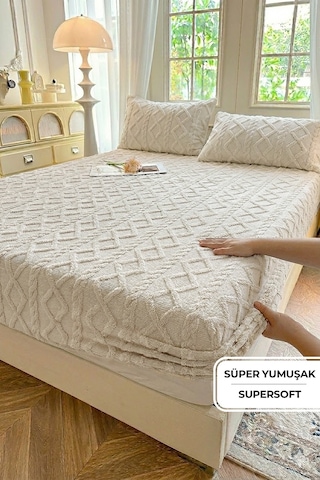 Süper Yumuşak Jakar Kadifemsi Peluş Lastikli Fitted Çarşaf Seti Kaymaz Tek/çift Kişilik Bej Açık Bej