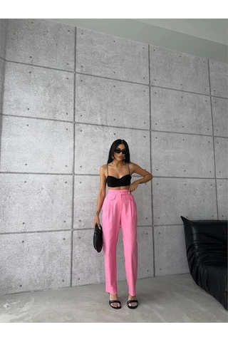 Defymoda Pantolon Kapalı Cep 3 Düğme Detaylı - Pembe Pembe
