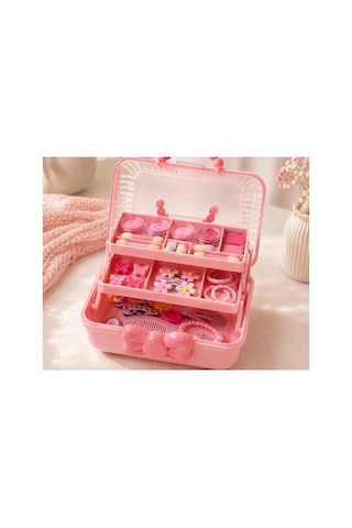 Çocuk Takı Ve Toka Organizeri Otomatik Açılır Katlı Düzenleyici Kutu 27x15x15 Cm Pembe Taşınabilir Çok Bölmeli Saklama Çantası Pembe
