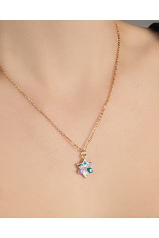 Kadın Kararmaz Çelik Mor Mavi Mineli Nazar Boncuklu Stil Kolye Altın