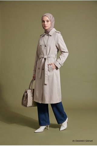 Armine Trend Klasik Yaka Belden Kuşaklı Çift Cepli 101 Cm Boy Trenckot Taş 26kt728