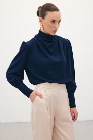 Sateen Drape Detaylı Bluz - Lacivert