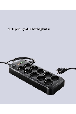 Hnrlıshp 10 Lu Çoklu Priz Termal Korumalı Usb Type-c Çıkışlı 2500w Uzatma Kablosu