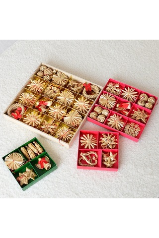 Gajeena Kutup Yıldızı Ve Kar Tanesi Figürlü Buğday Sapı Noel Ağaç Zırhlari - 16'lı 200g Noel Dekorasyon Malzemeleri Haki