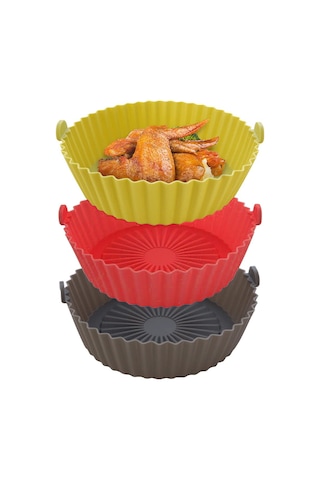 Ximistore9 Yeniden Kullanılabilir Hava Fritözü Silikon Tabanı, Çift Taraflı, Kolay Temizlenir, 16.5cm, 3 Adet Gri - Sarı - Kırmızı