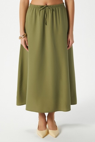 Kadın Seaside Haki Astarlı Bel Lastikli Cepli Dokuma Uzun Etek Haki