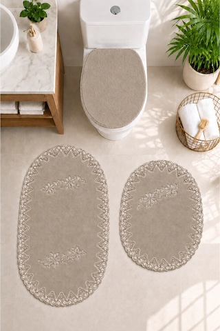 3lü Set Vizon Fransız Dantelli Lüks Banyo Paspası Kaymaz Tabanlı Çeyizlik Hediyelik Banyo Paspas Seti Beyaz