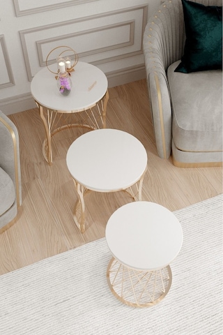 Aurelia Serisi Gold Metal Örgü Desenli 3 Lü Zigon Sehpa Krem Membran Tabla Altın - Krem