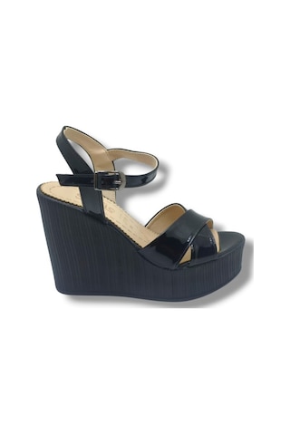 Selfie 4285-26 Rugan Çapraz Bant Yüksek Dolgu Taban Fashion Kadın Sandalet 11cm Siyah