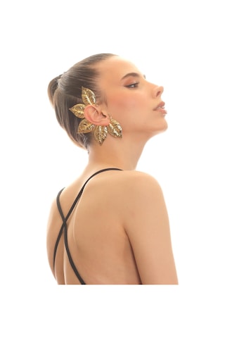 Kadın Altın Renk Lak Kaplama Zirkon Taşlı Dokulu Yaprak Stilizesi Sağ Kulak Earcuff&kıkırdak Küpe Çok Renkli